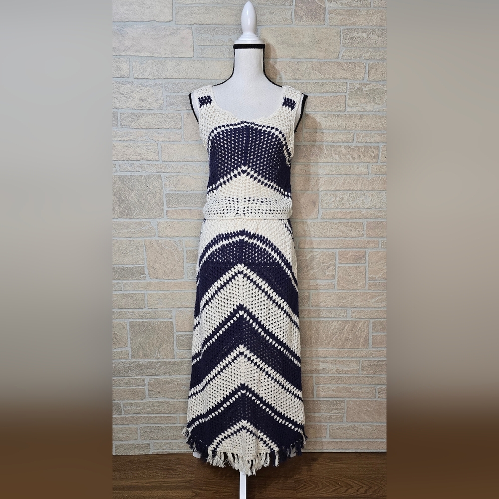NWT Sadie & Sage Crochet 2pc Skirt Set Navy White Boho Coastal Maxi M/L